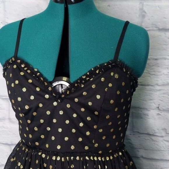 Lulus twinkle of my eye black gold polka dot tiered tulle cocktail dress Medium - Picture 3 of 11